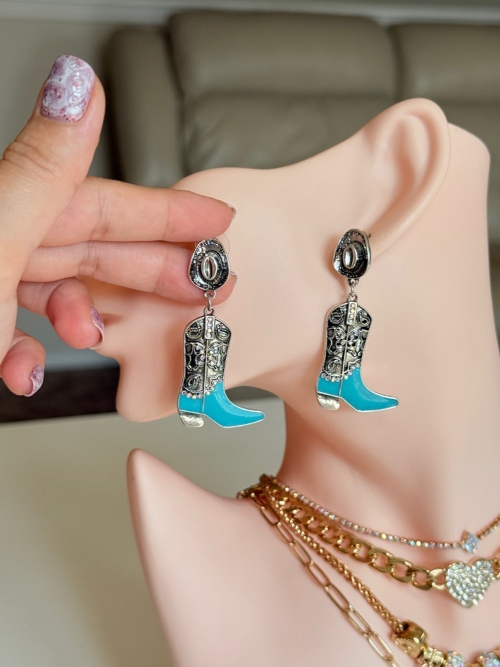 Turquoise Cowboy Boot Drop Earrings - Picture 8 of 11